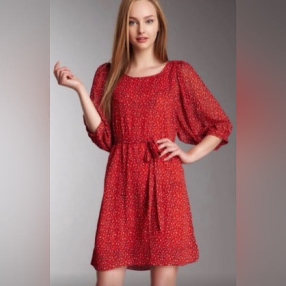 French Connection Warm Red Calypso Flower Mini Tunic Dress 1/2 Dolman Sleeves - Picture 4 of 9